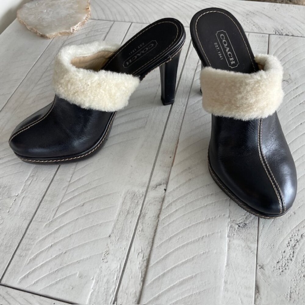 COACH PRE-OWNED KACIE BROWN LEATHER SHEARLING MULE SLIDE BOOT HIGH HEEL SIZE 7